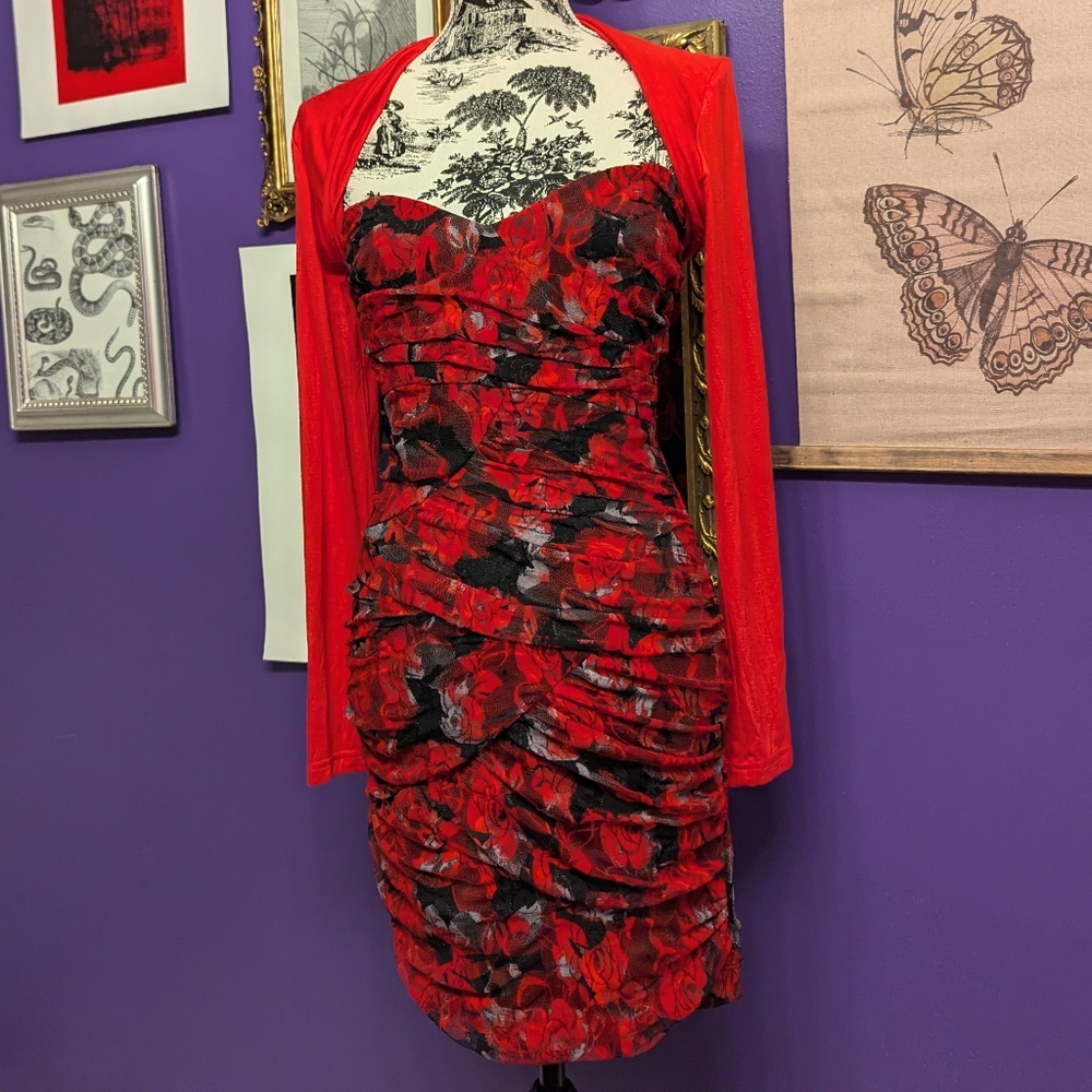 Strapless Red and Black Floral Mesh Dress